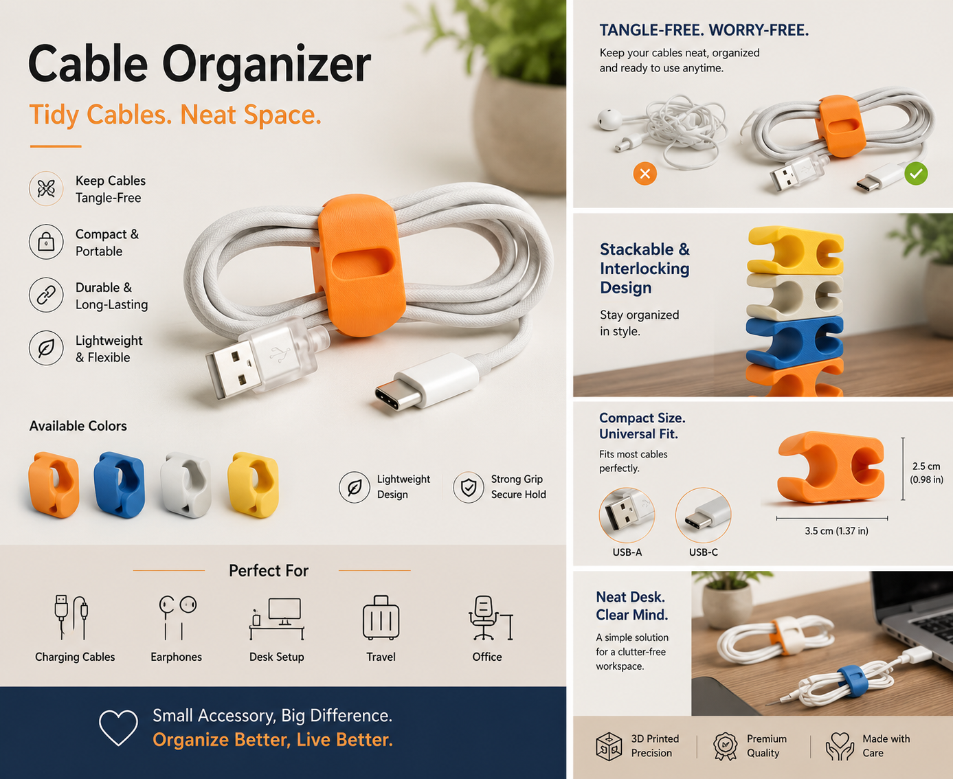 Cable Organizer Clip | Desk Wire Management | Charging Cable Keeper (Pack Of 4)