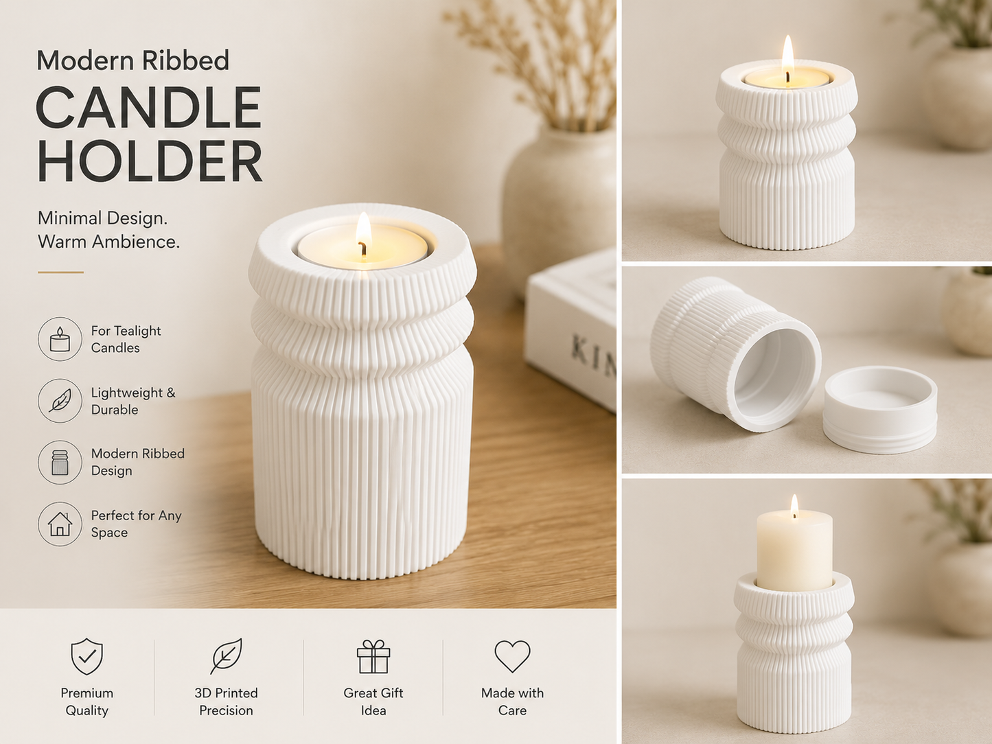 Modern Ribbed Candle Holder | Minimalist Tealight & Pillar Candle Stand